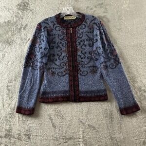 Peruvian Link Alpaca Blend Full Zip Cardigan Sweater Womens S Blue Floral Scroll